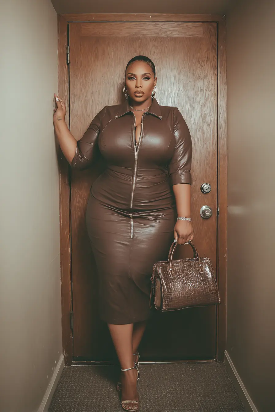 Plus Size Mocha Brown Leather Look Wedding Guest Dress