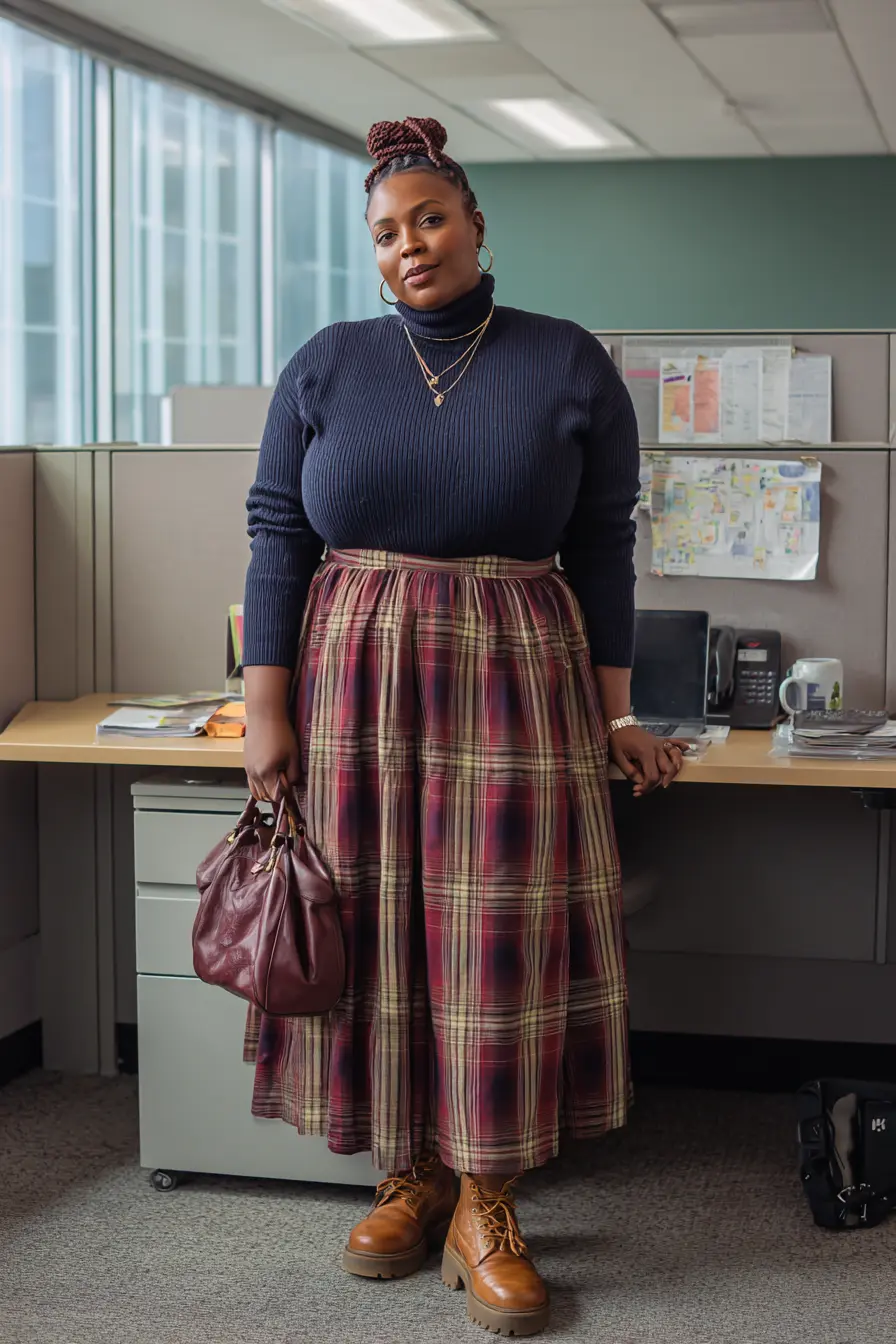 Navy Turtleneck with Plaid Midi Skirt