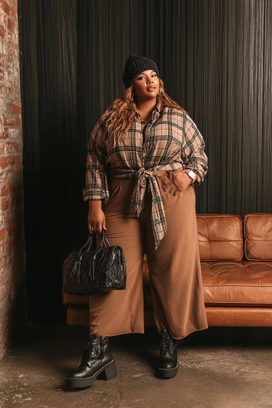 Plaid Shirt with Wide-Leg Flare Jeans and Chunky Boots