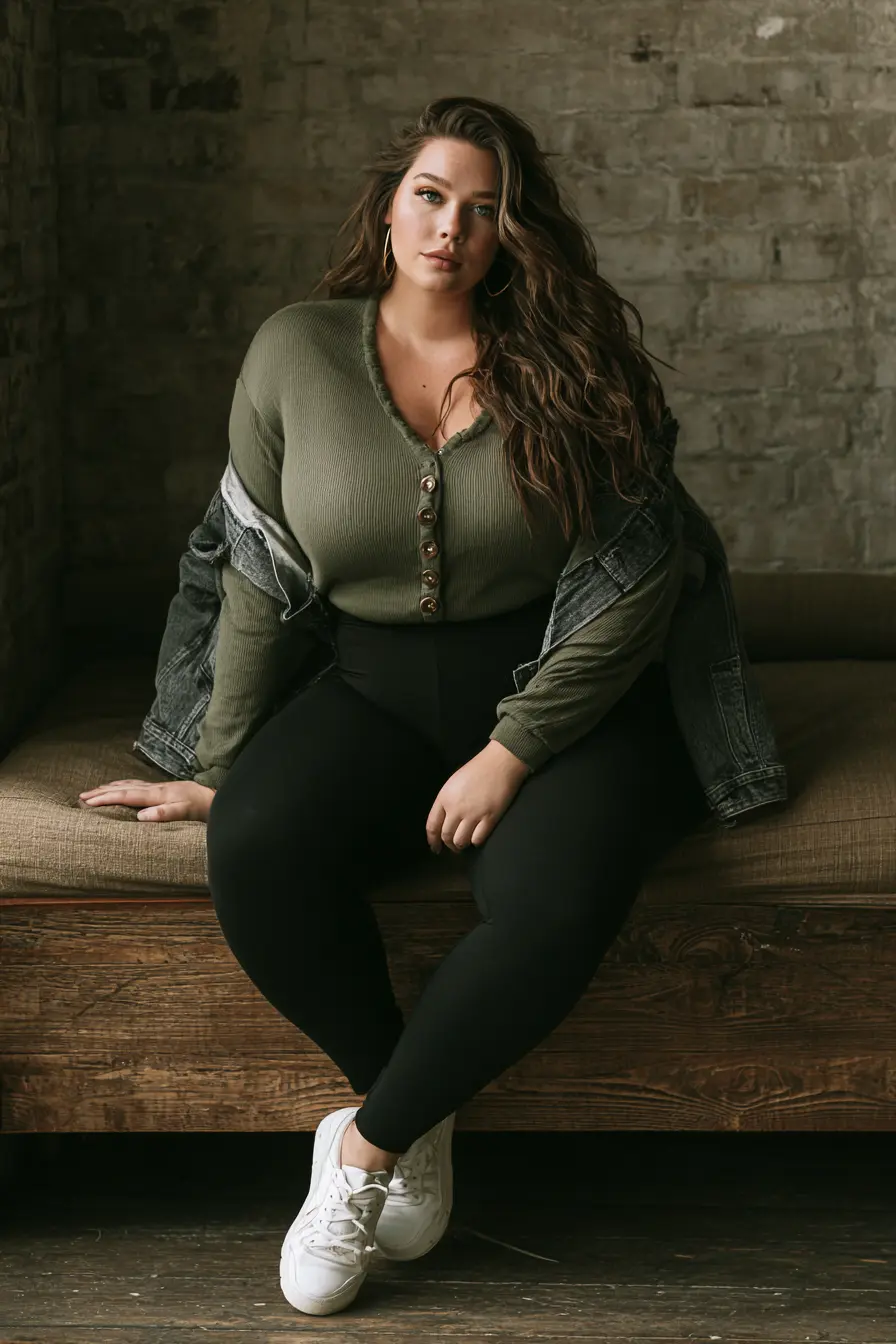 Ribbed Henley Top with High-Waisted Leggings