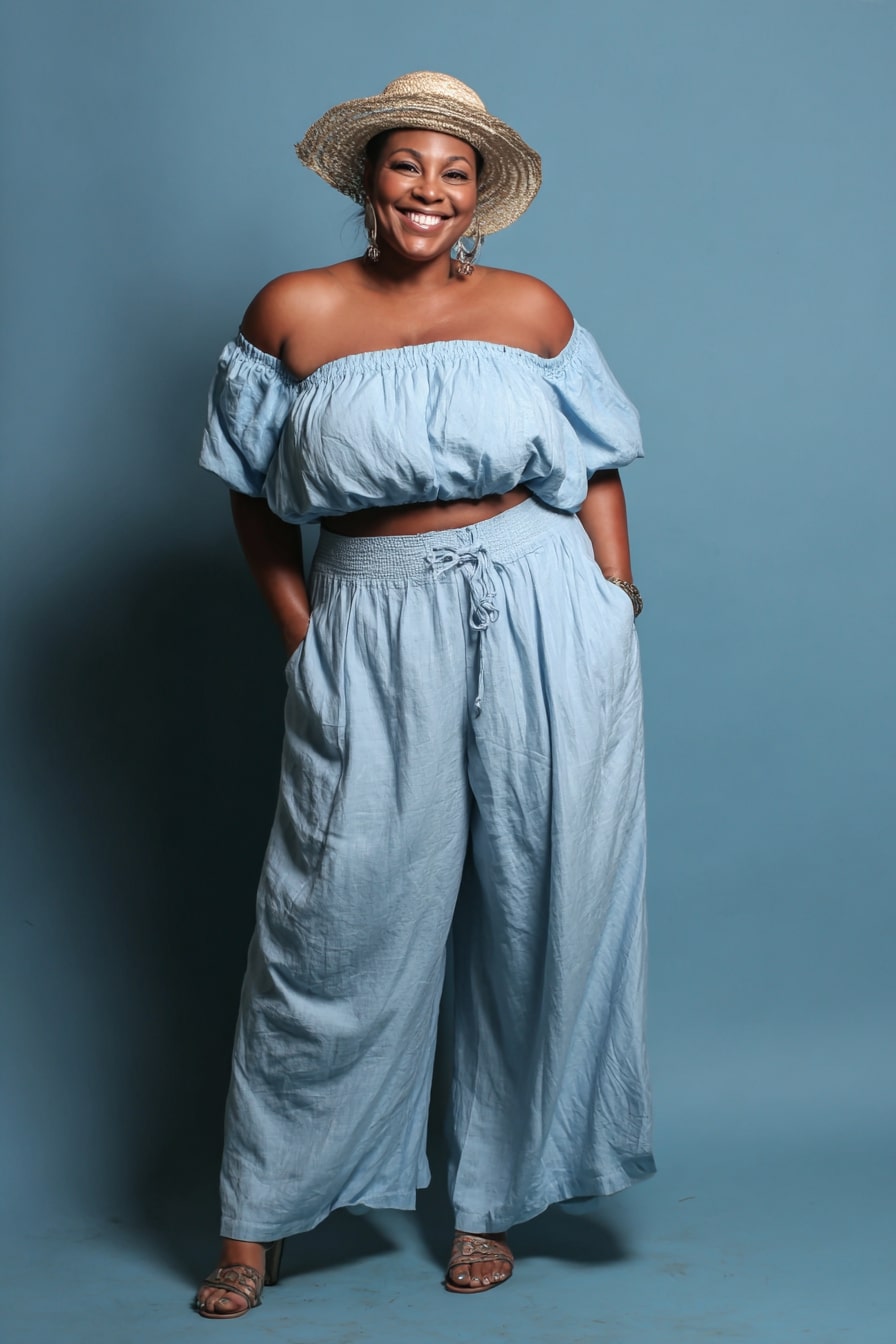 Off-Shoulder Crop Top + Flowing Wide-Leg Pants