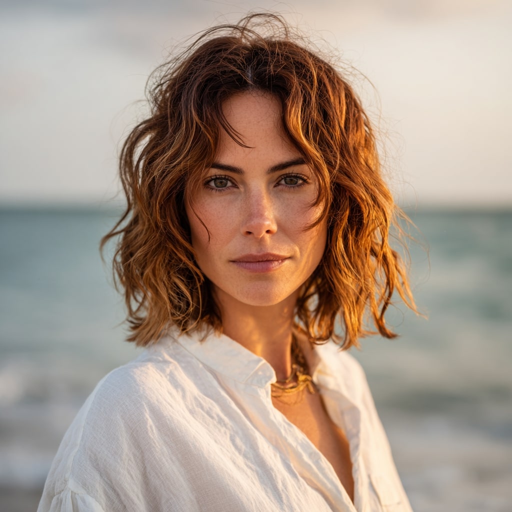 Wavy Brunette Bob with Honey Balayage