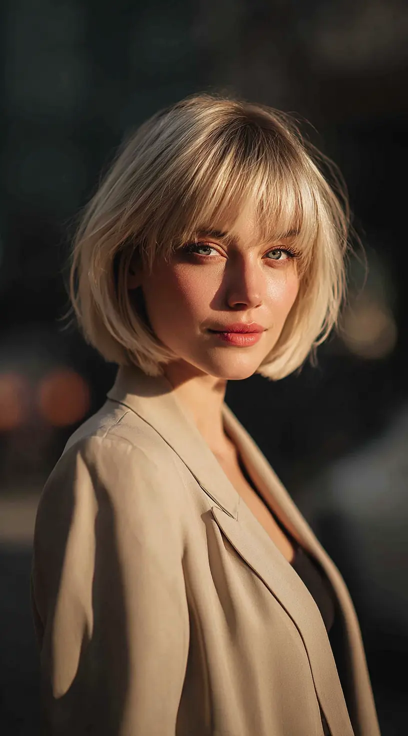 Ash Blonde Curly French Bob with Bangs