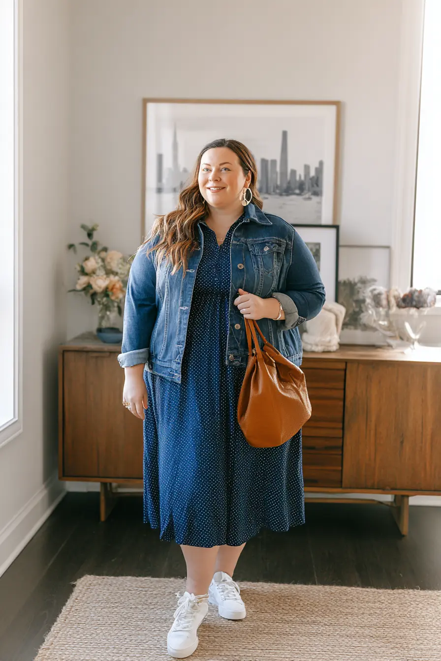 Polka Dot Midi Dress with Denim Jacket