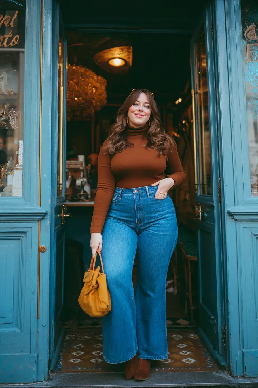 Brown Turtleneck with Raw Hem Flare Jeans and Mustard Bag