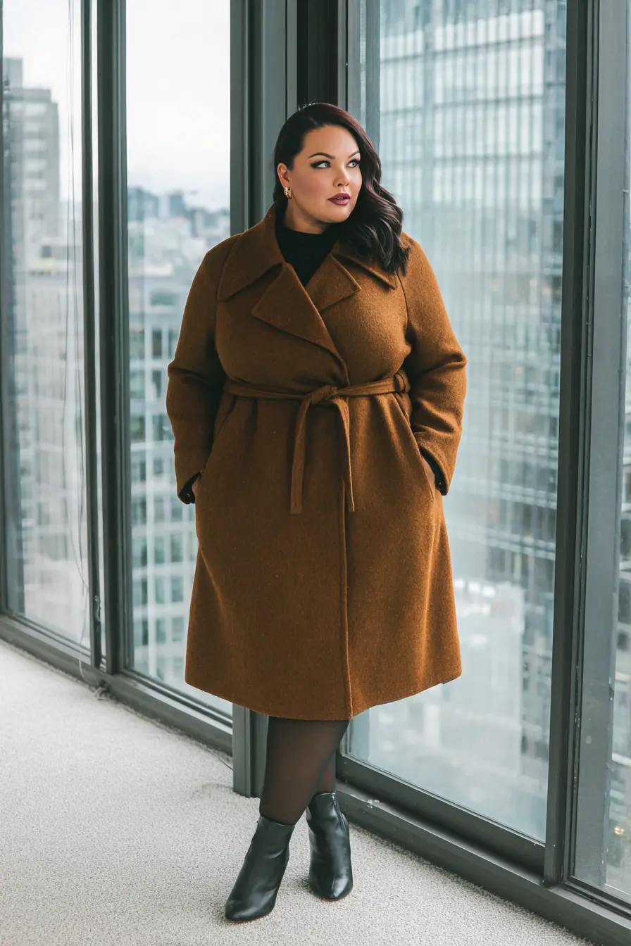 Camel Wool Coat with Classic Black Accents