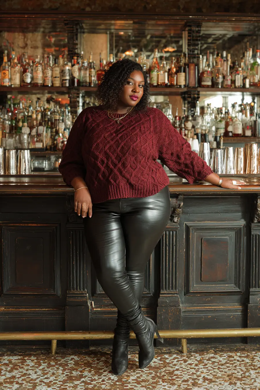 Burgundy Knit with Sleek Leather Pants