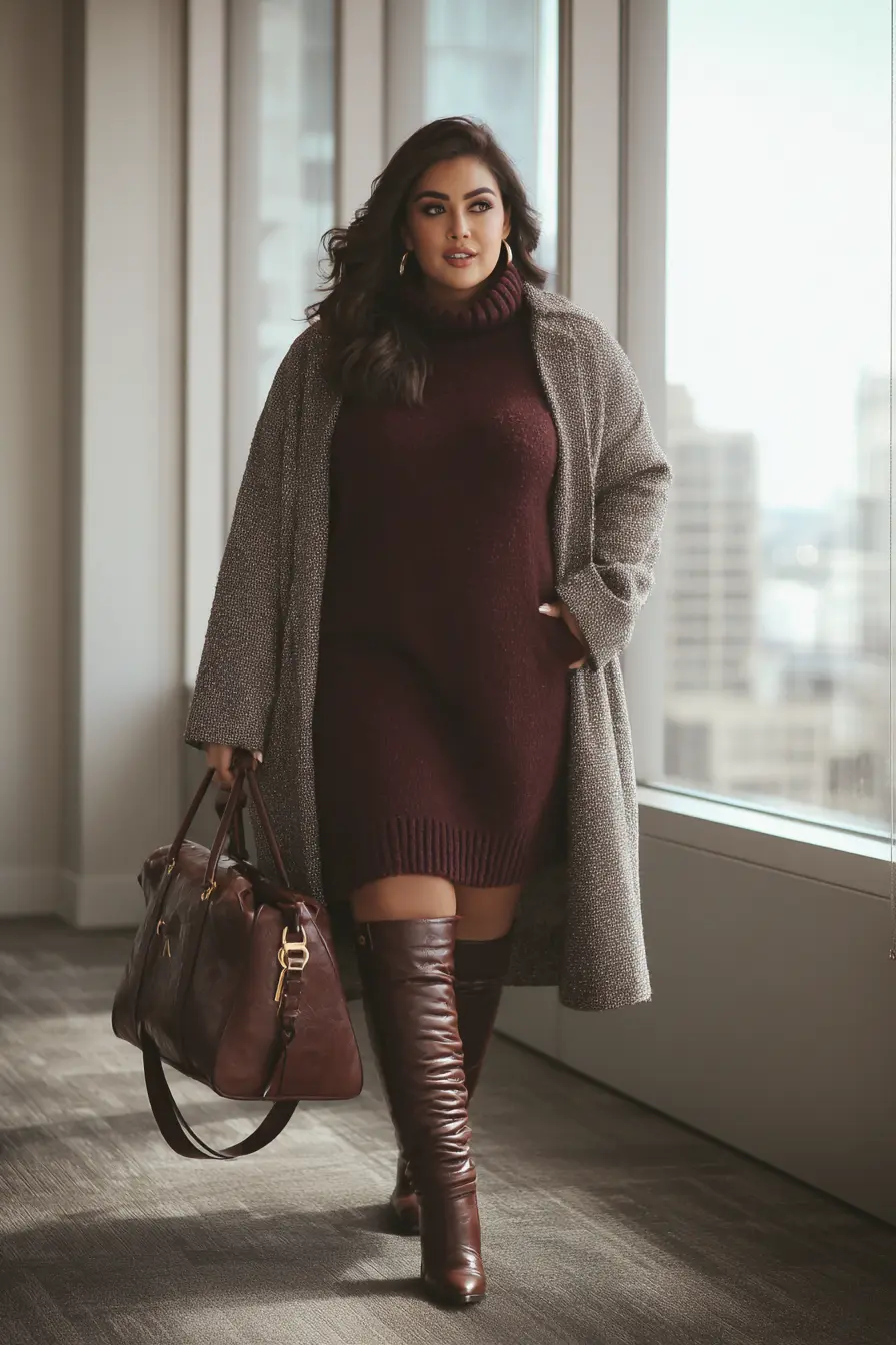 Sweater Dress with Tall Boots for Winter Workwear