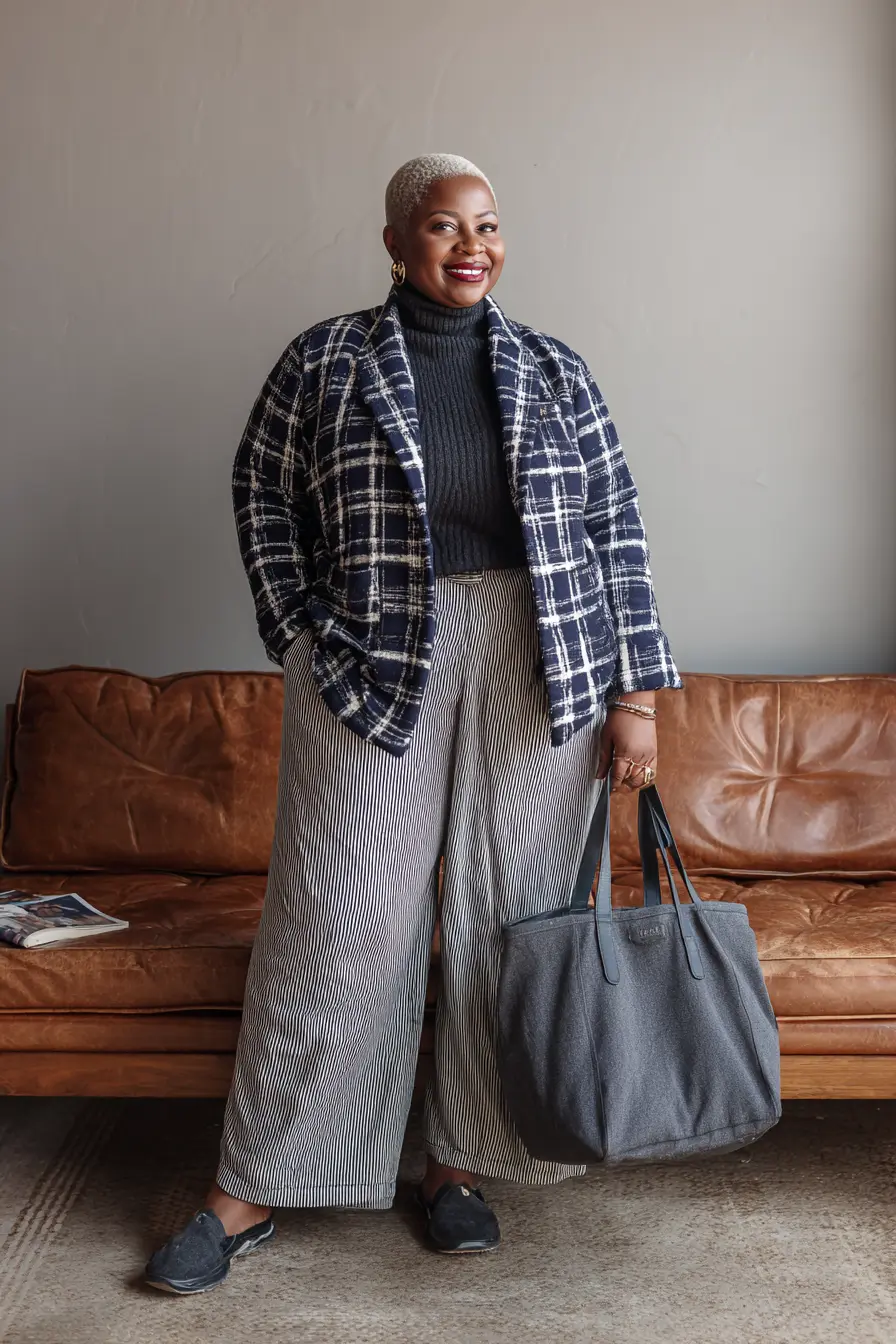 Navy Plaid Wool Blazer with Striped Wide-Leg Pants