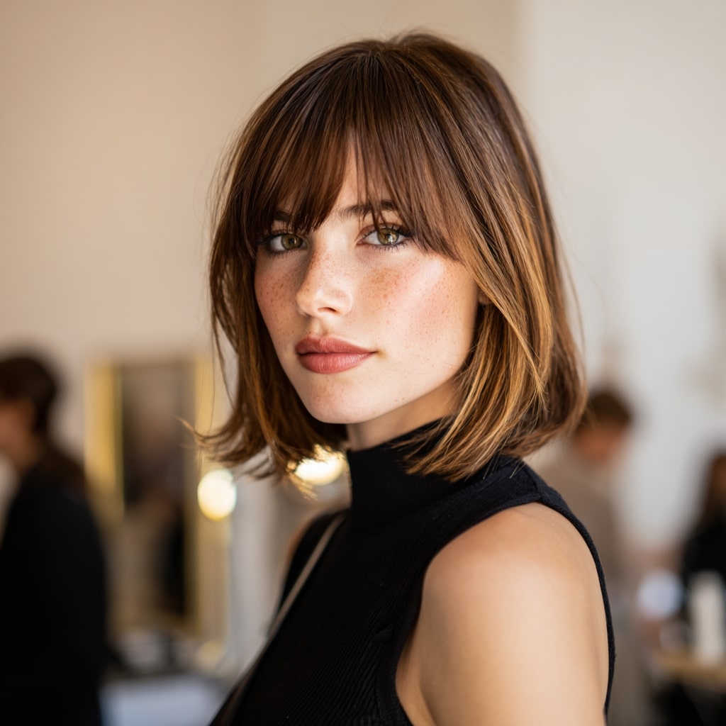 Chocolate Brown Bob with Caramel Balayage Ribbons