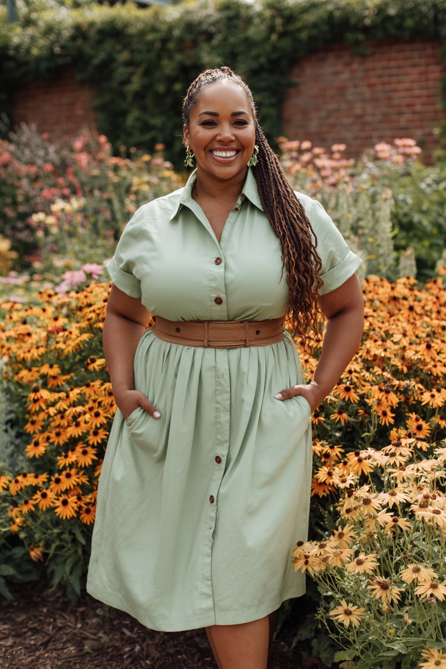 Button-Front Shirt Dress + Woven Belt