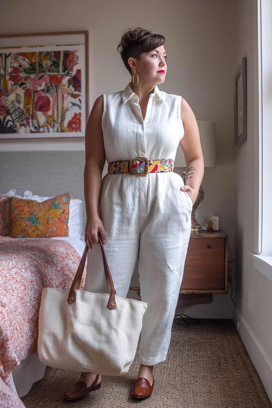 Linen Jumpsuit with Colorful Belt Accent