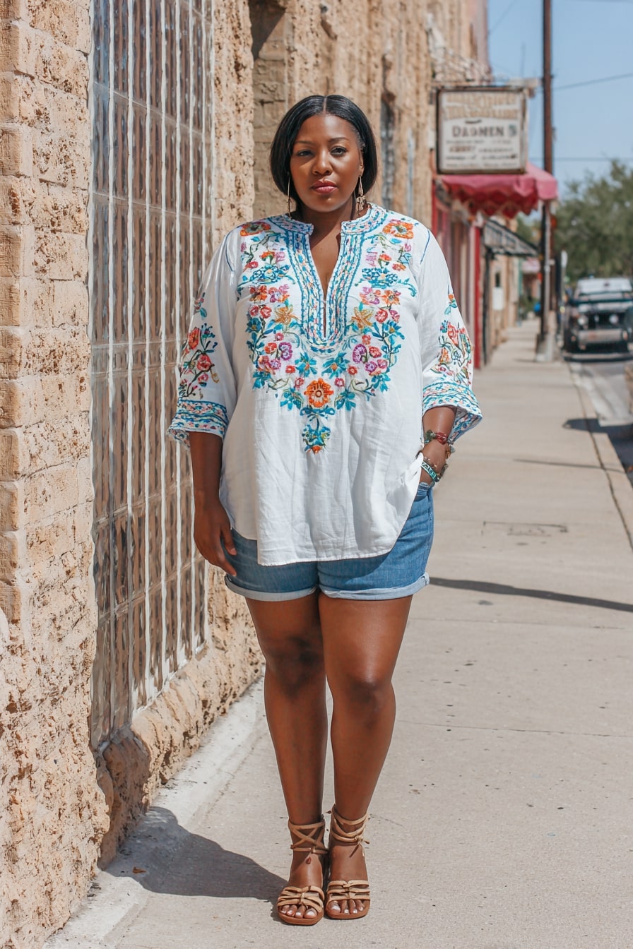 Embroidered Peasant Tunic + Rolled Denim Shorts