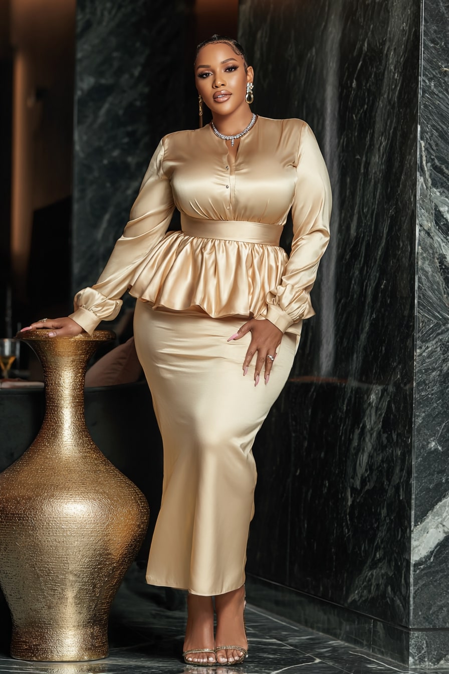 Satin Peplum Gown + Cinched Waist