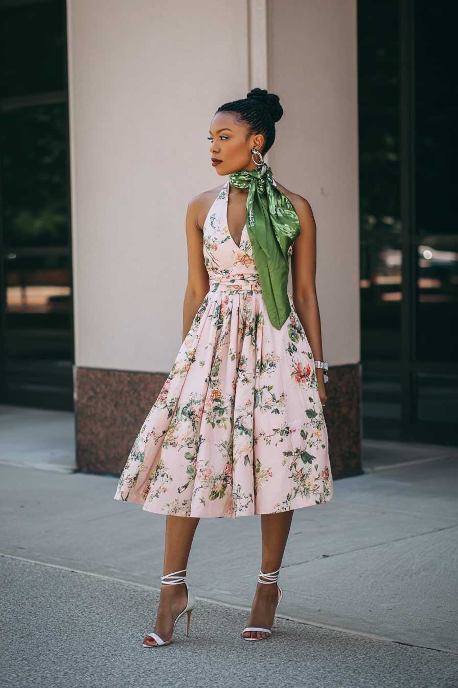 Vintage Floral Midi Dress with Green Silk Scarf