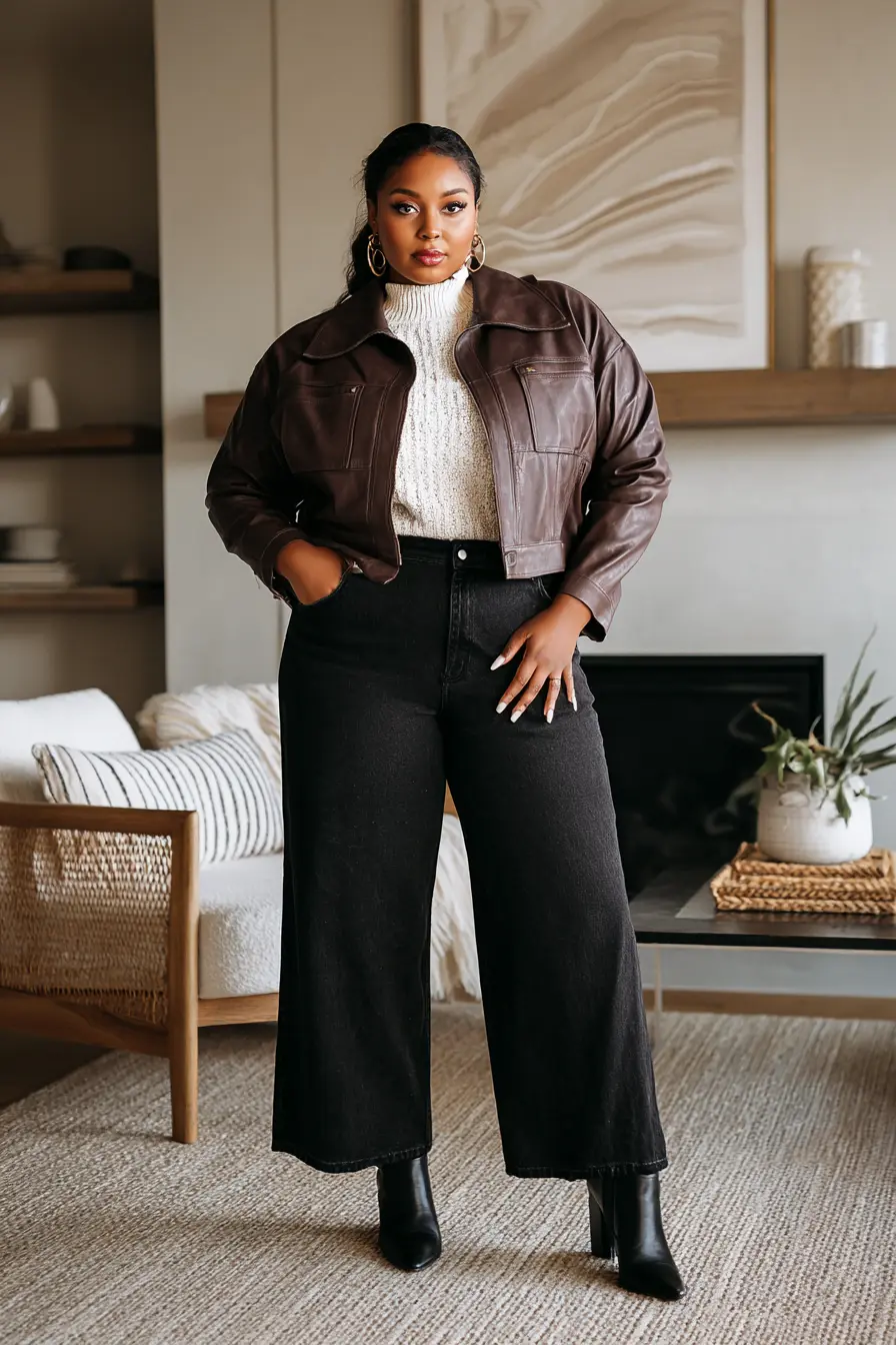 Faux Leather Jacket with Black Flare Jeans and Knit Sweater