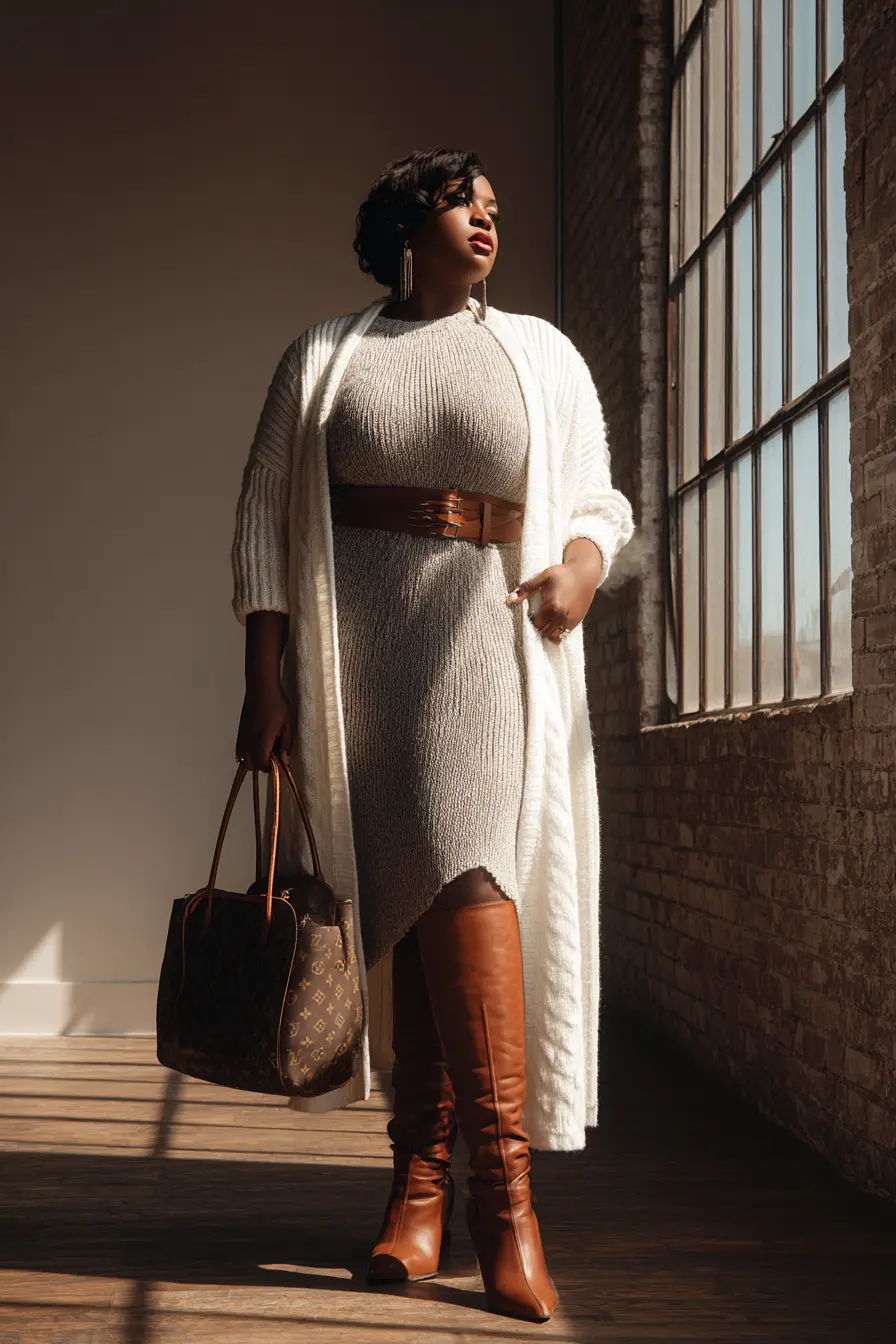 Layered Knit Dress with Tall Boots