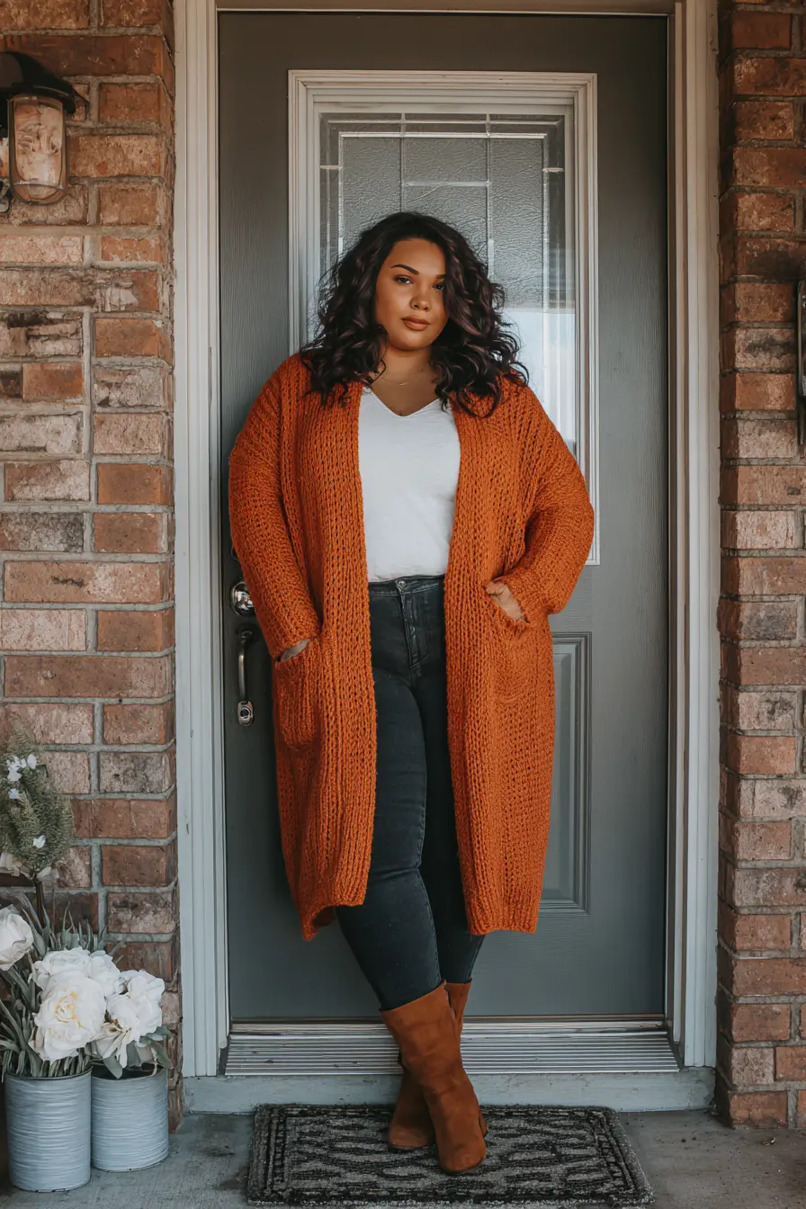 Rust Orange Cardigan Duster with Slim Denim and Boots