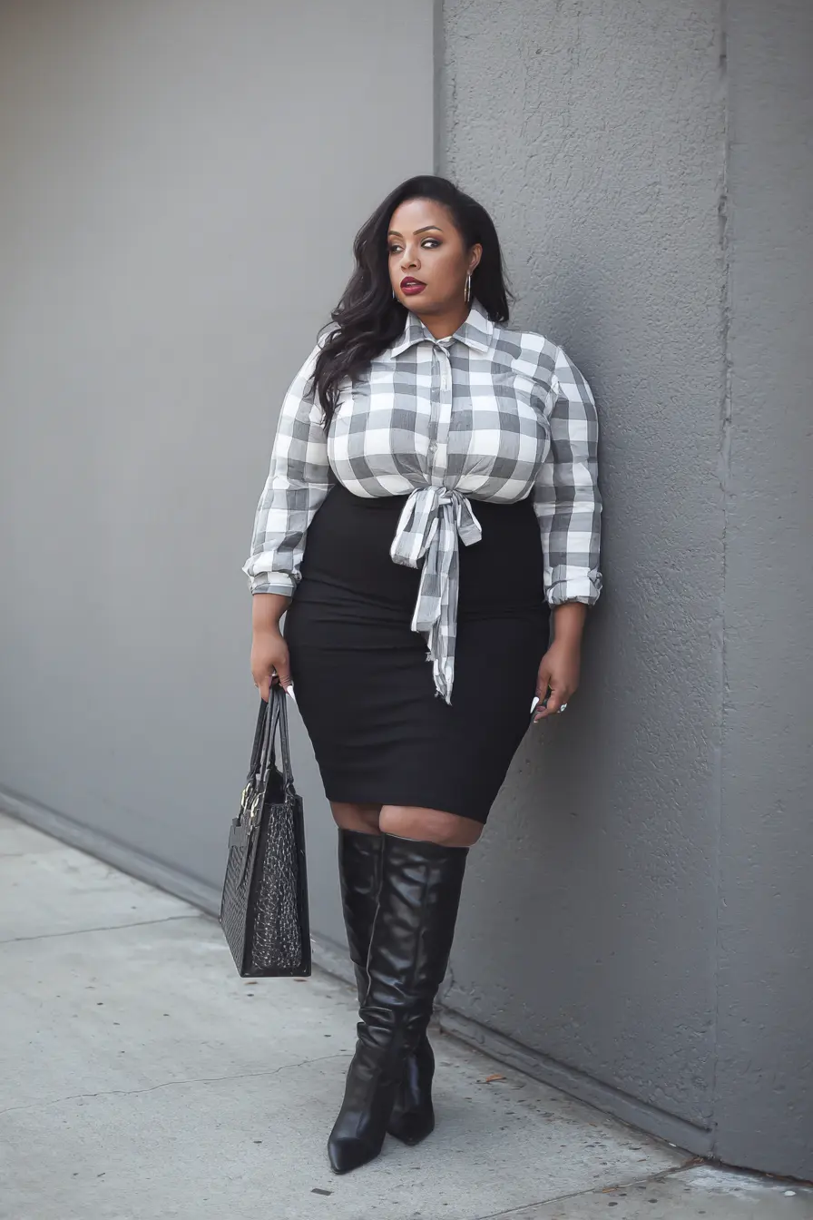Tied Flannel with Pencil Skirt and Knee-High Boots