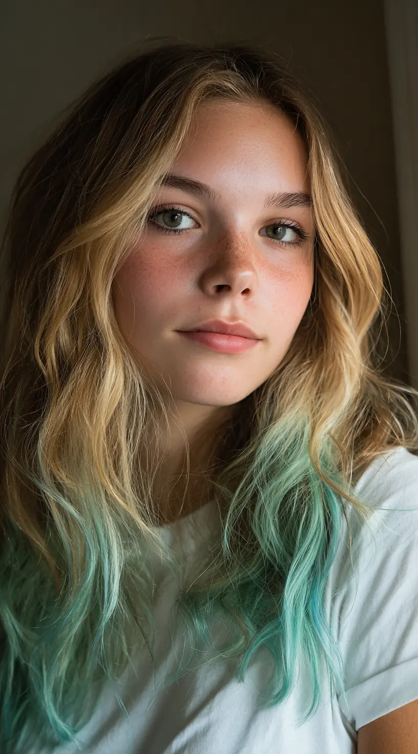 Subtle Teal Balayage on Loose Curly Ends