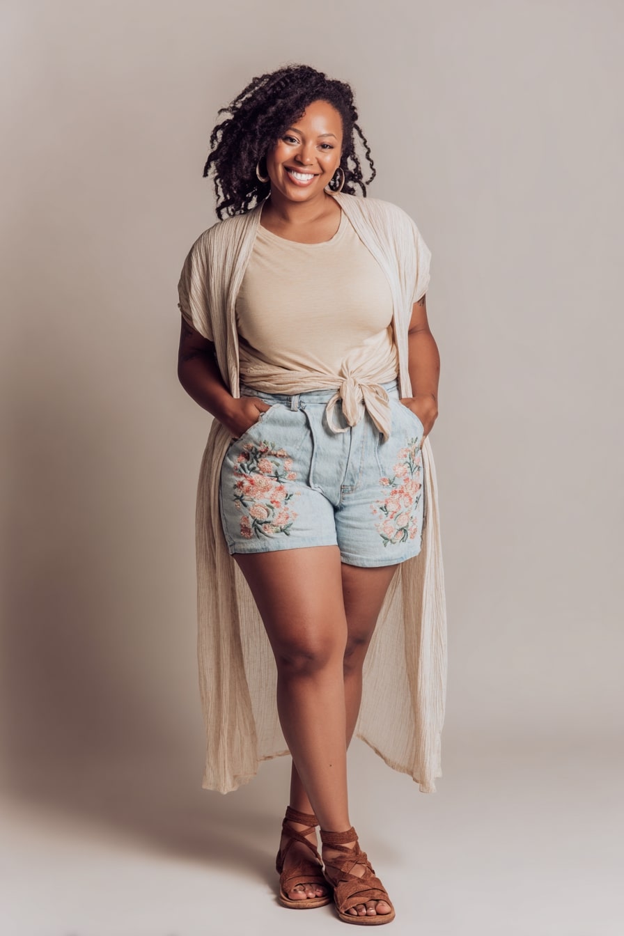 Sheer Duster Layer + Embroidered Paperbag Shorts