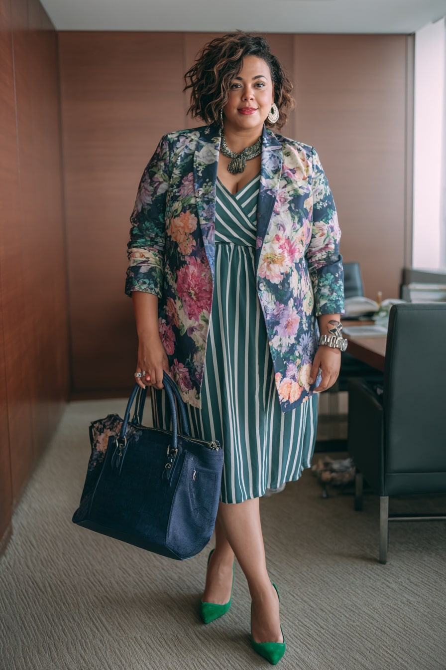 Striped Dress with Bold Floral Blazer