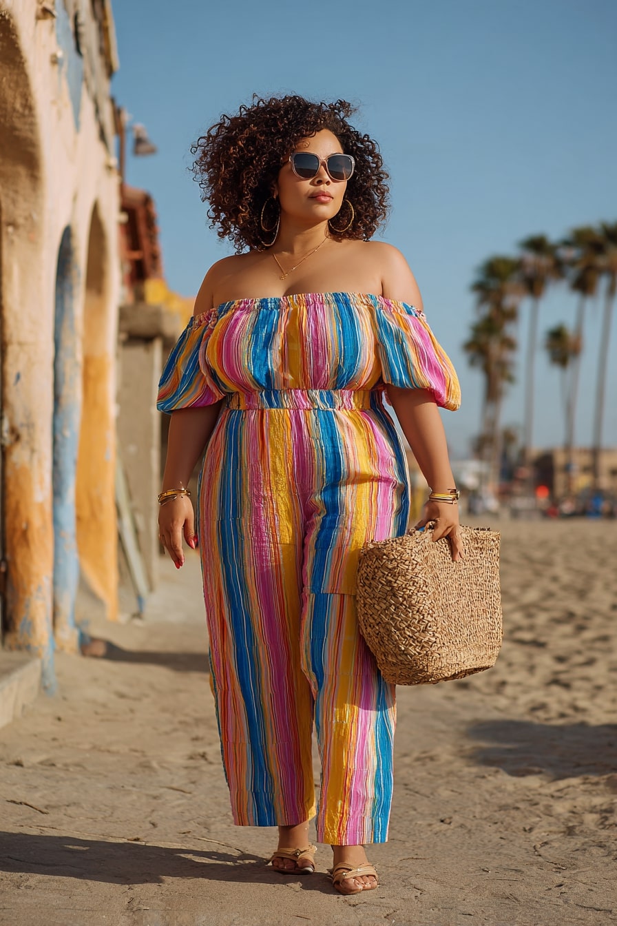 Off-Shoulder Jumpsuit + Rainbow Stripes