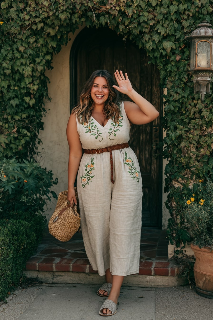 Linen Jumpsuit with Floral Embroidery and Woven Details