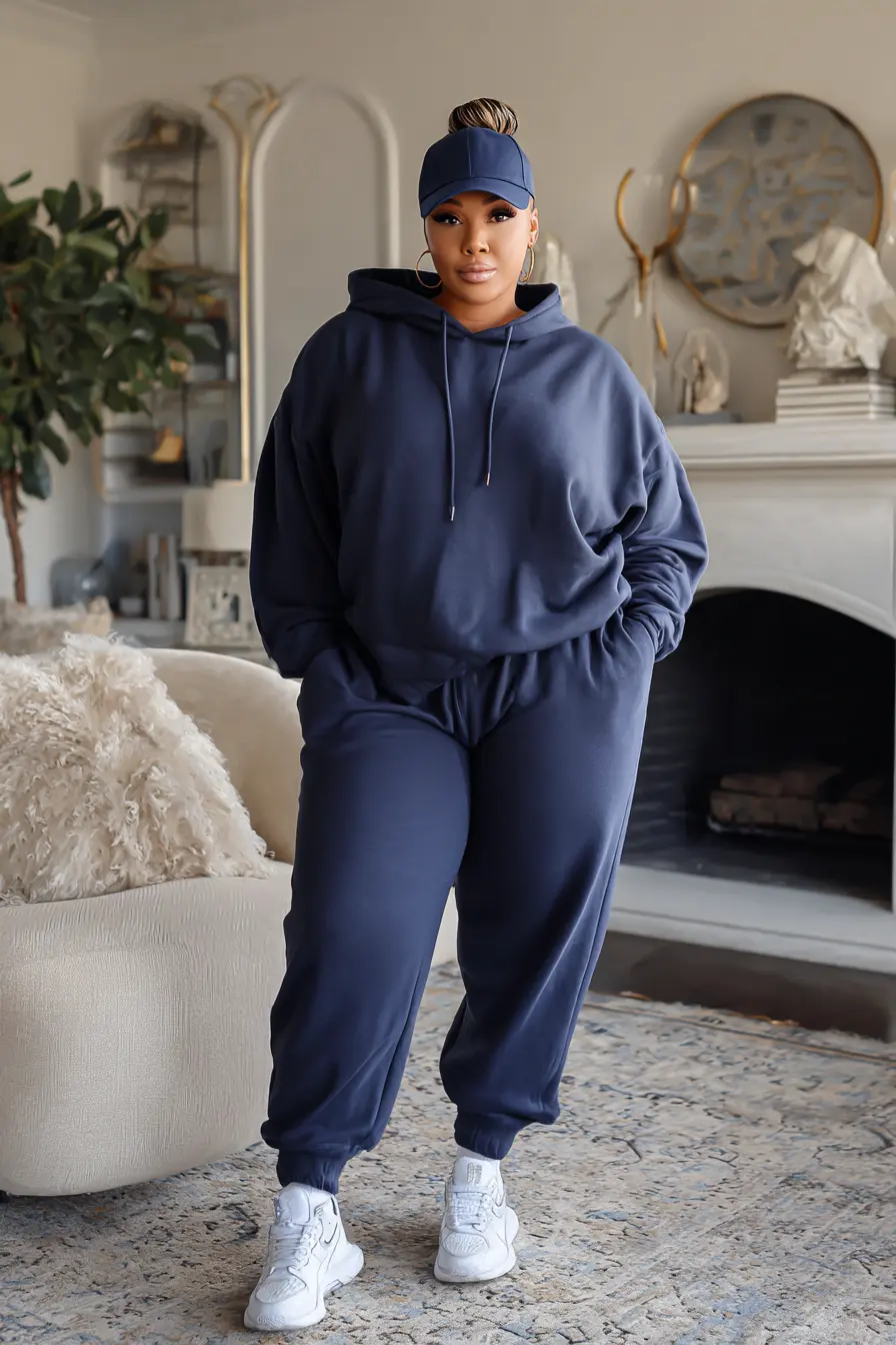 Navy Hoodie with Matching Joggers and Sneakers