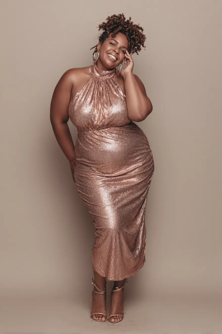 Copper Metallic Halter Midi Dress for Fall Weddings