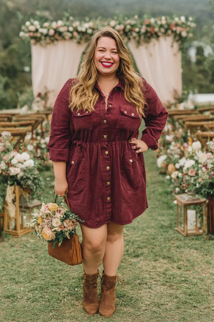Plus Size Cranberry Red Corduroy Wedding Guest Dress
