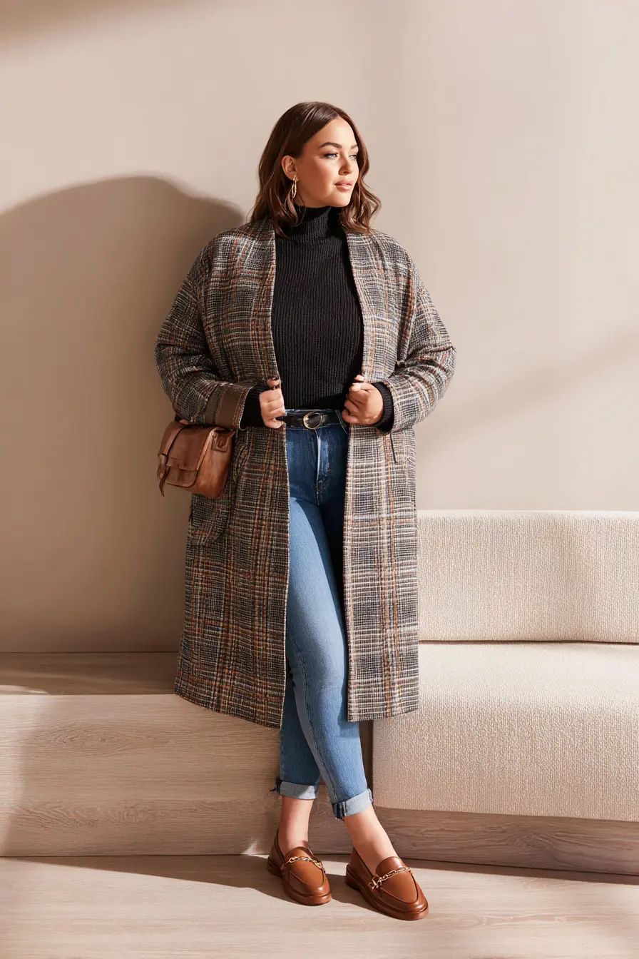 Flannel Cardigan with Turtleneck and Straight-Leg Jeans