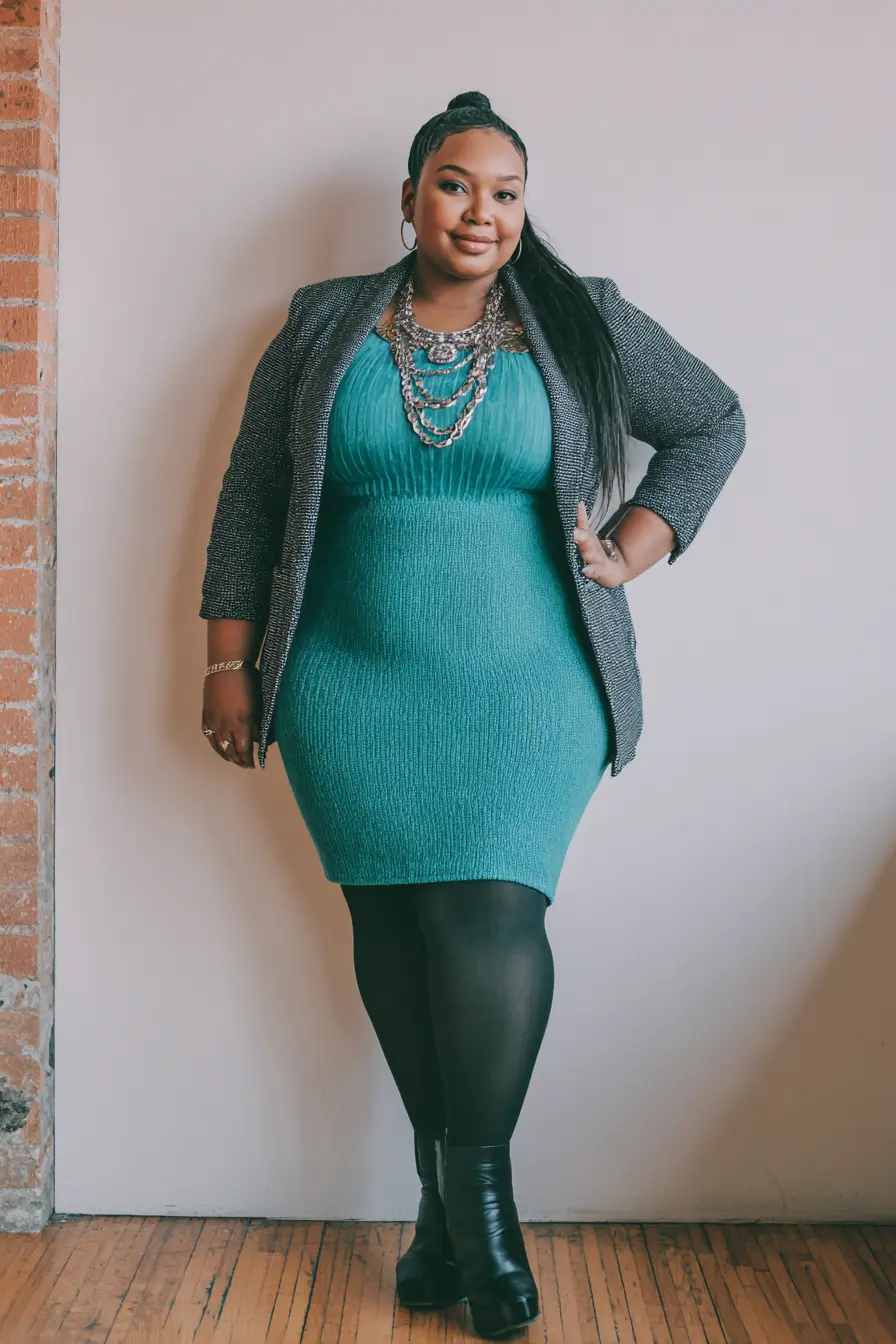 Forest Green Sweater Dress with Textured Blazer