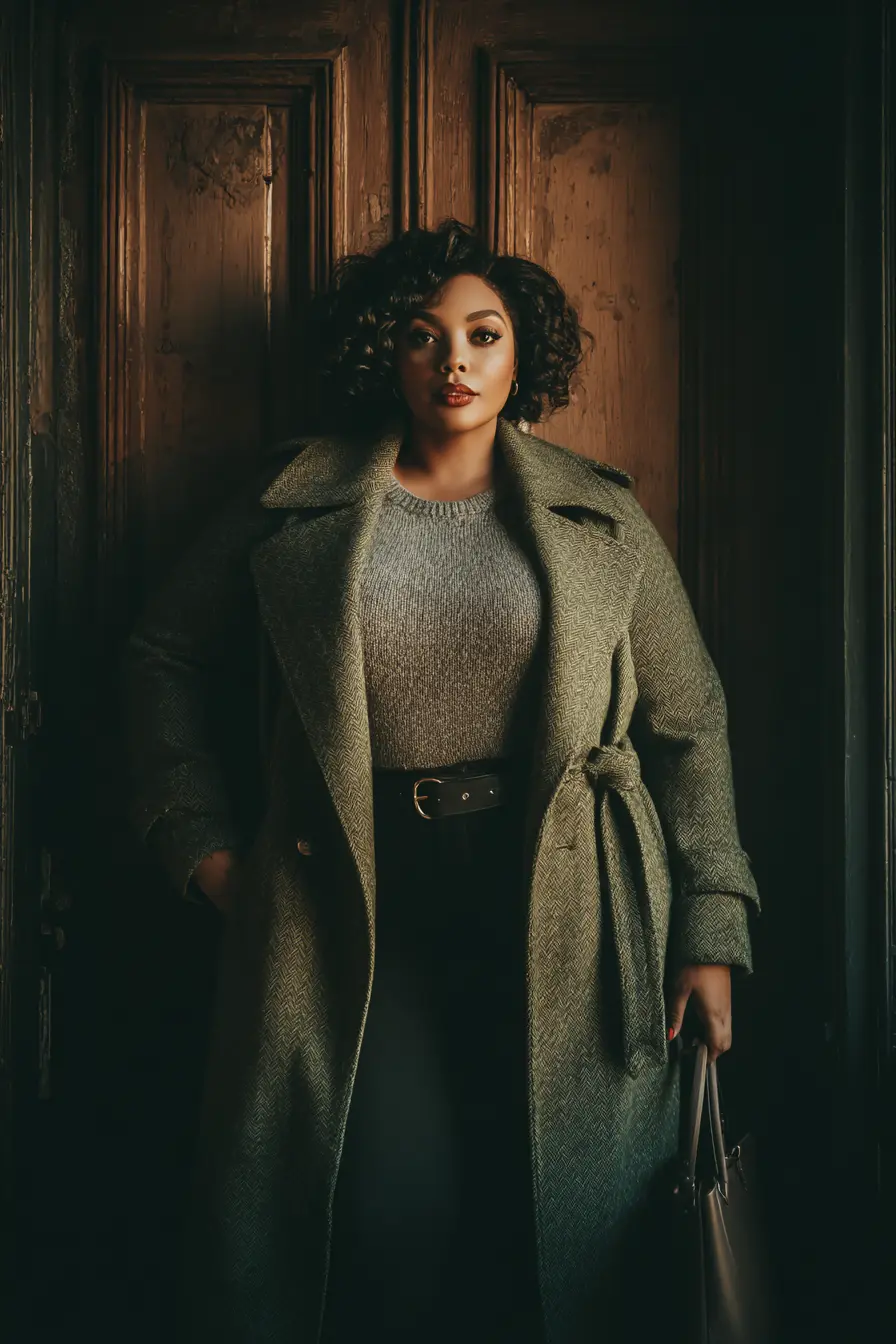 Forest Green Wool Wrap Coat with Classic Winter Layers