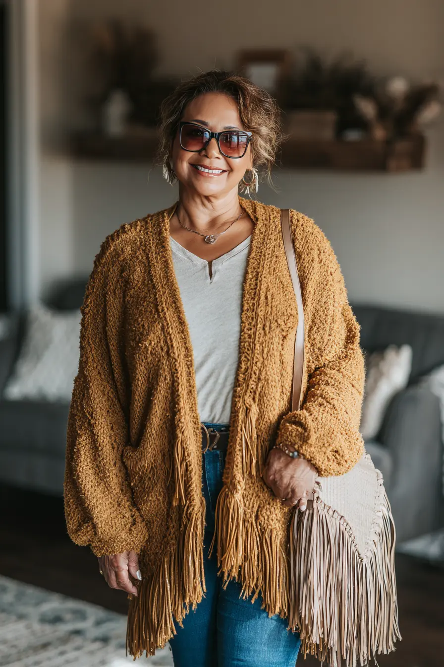 Mustard Fringe Cardigan with Vintage Flare Jeans and Neutral Tee