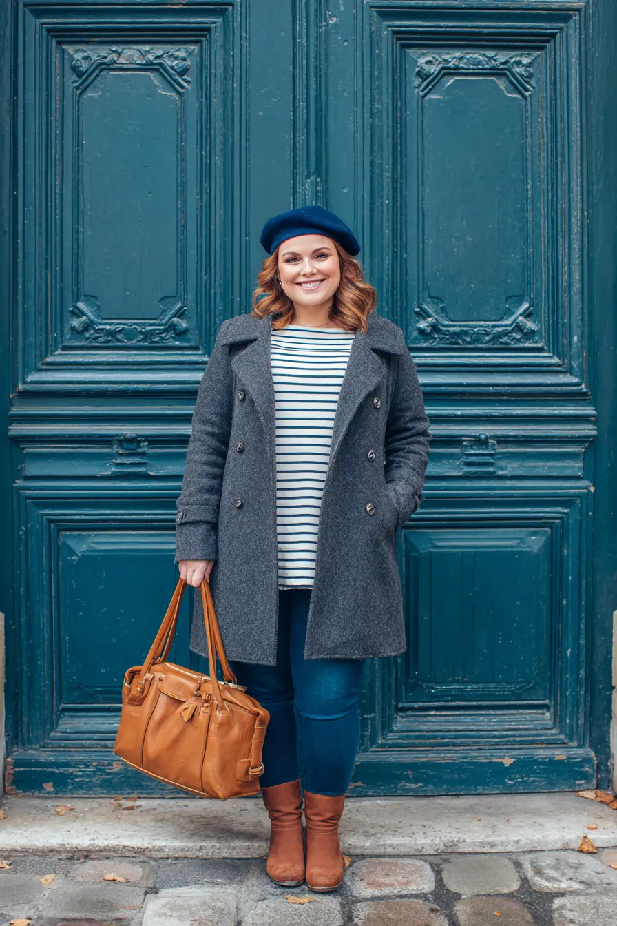 Classic Wool Peacoat With Striped Sweater Charm