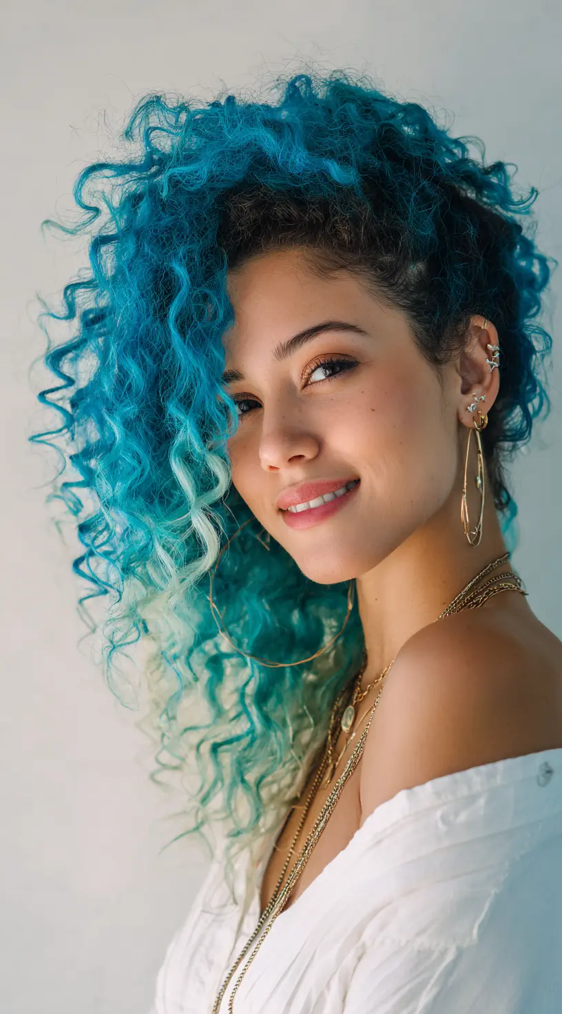 Subtle Teal Balayage on Loose Curly End