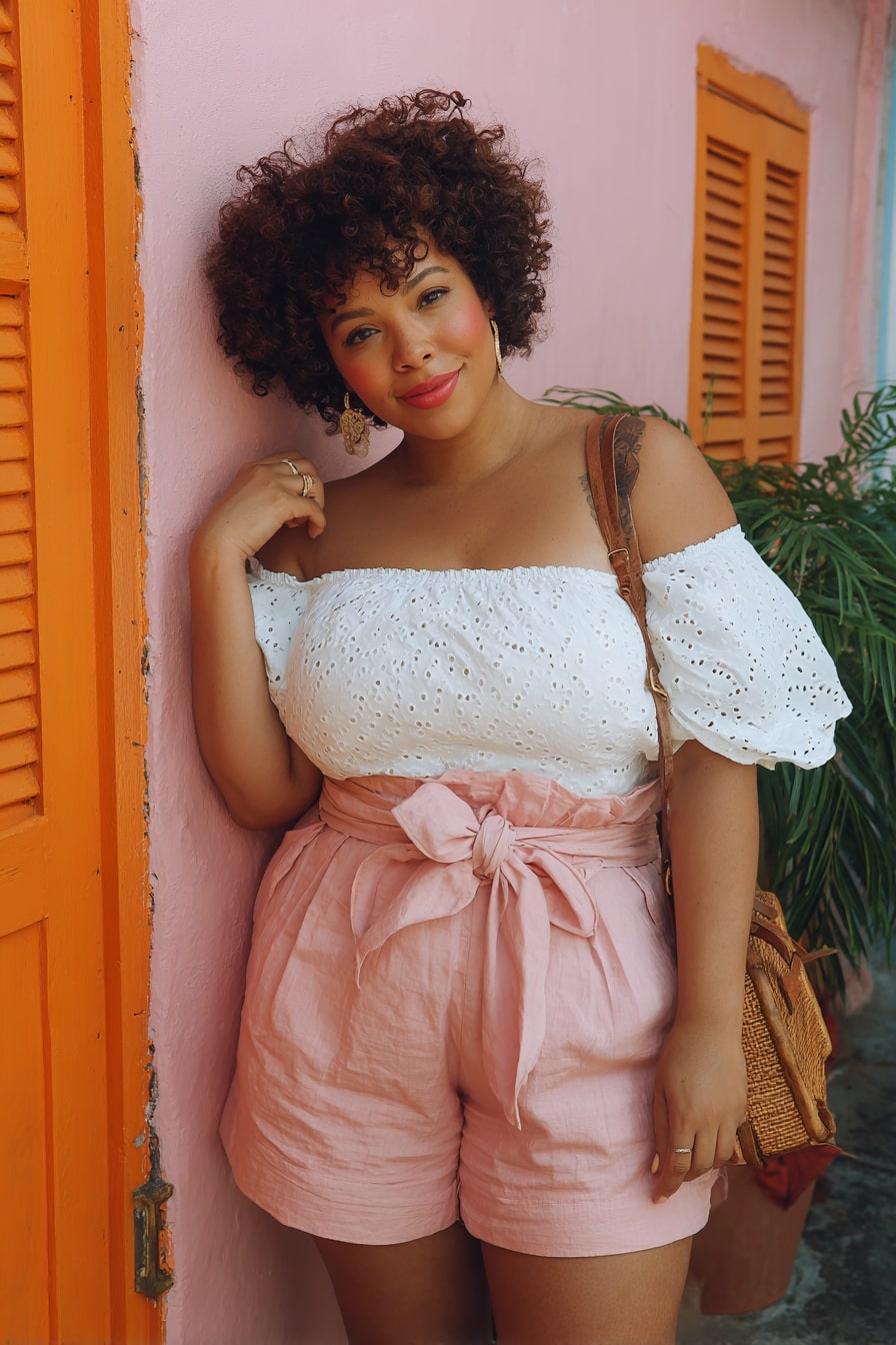 Eyelet Off-Shoulder Top + Linen Paperbag Shorts