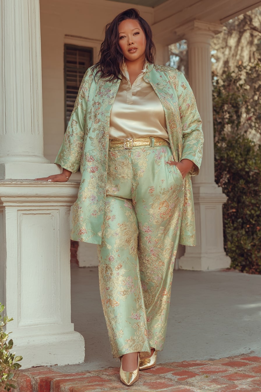 Mint Green Brocade Suit with Satin Accents