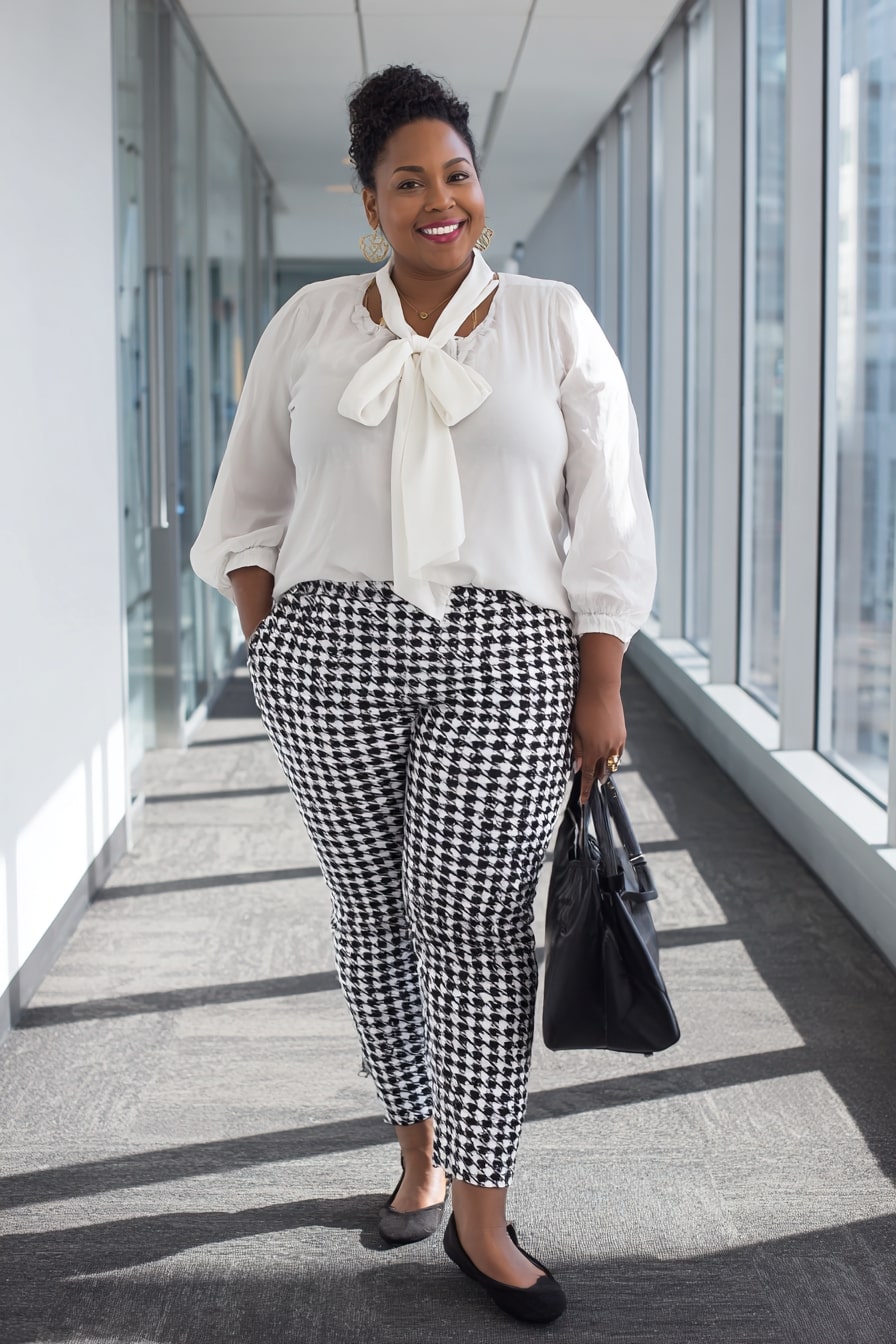 Houndstooth Pants with Bow Blouse