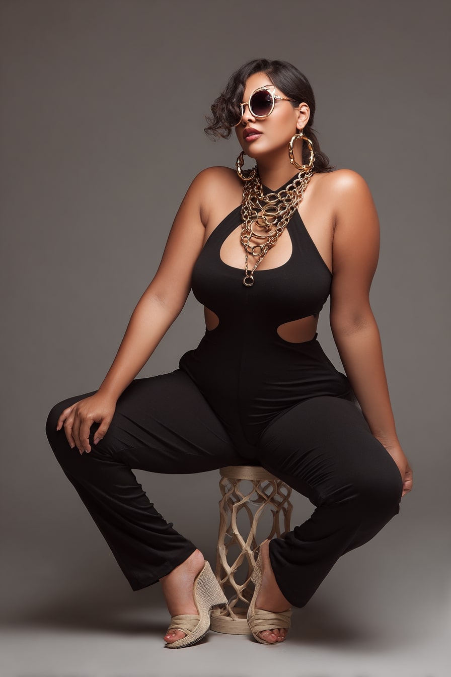 Cutout Jumpsuit with Bold Gold Chain Glam