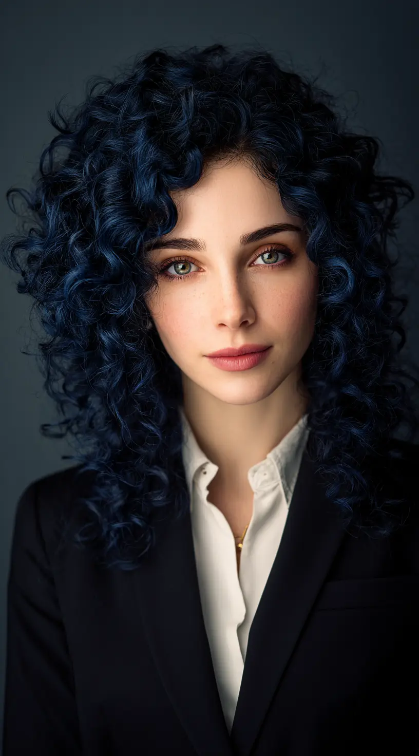 Deep Navy Balayage on Defined Curly Layers