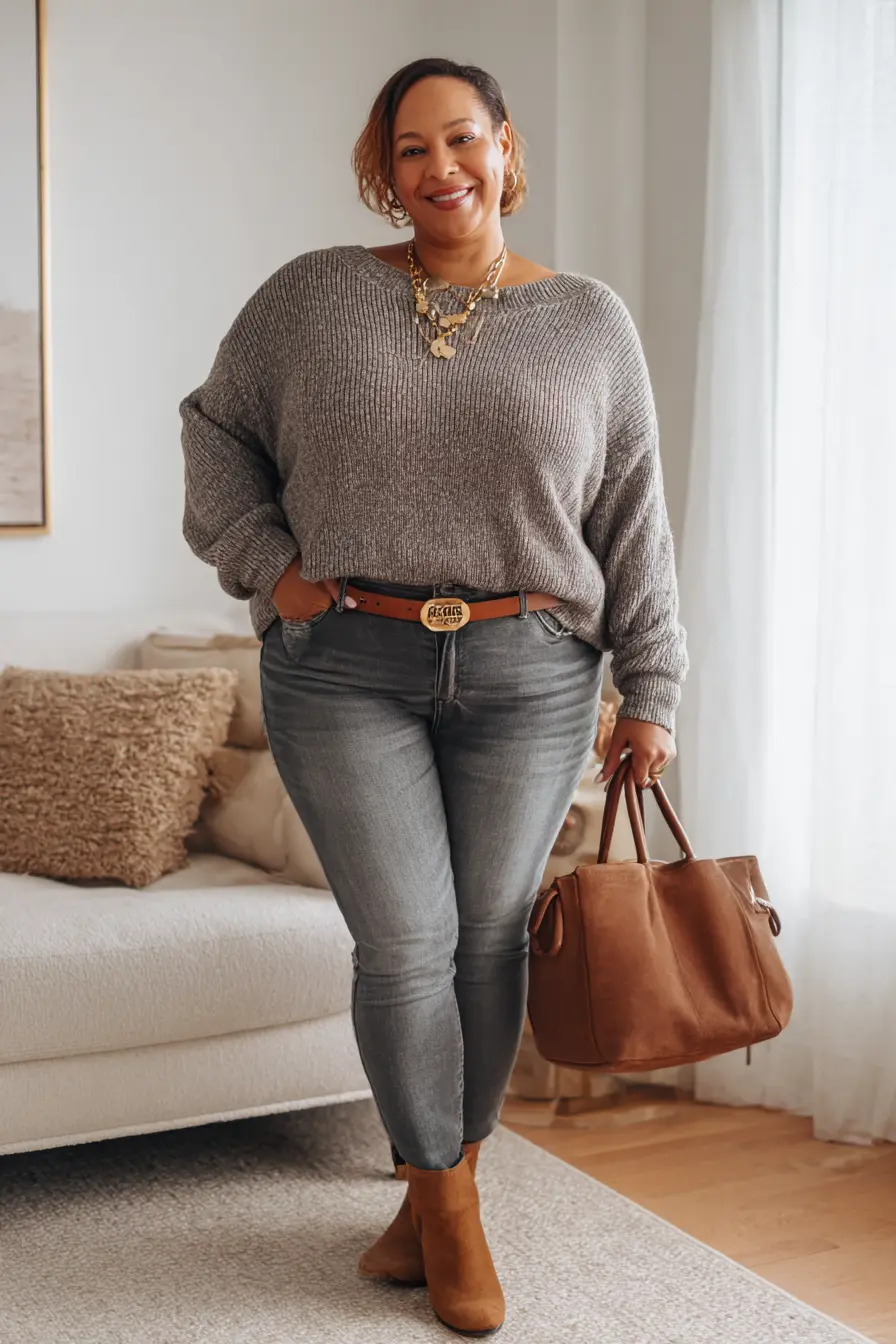 Gray Boat Neck Sweater with Skinny Jeans and Ankle Boots