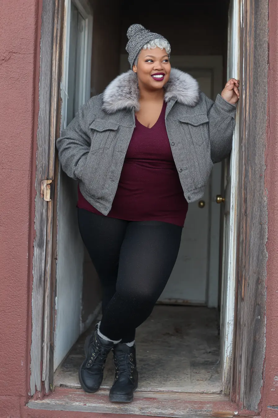 Charcoal Gray Shearling Jacket with Cozy Winter Layers