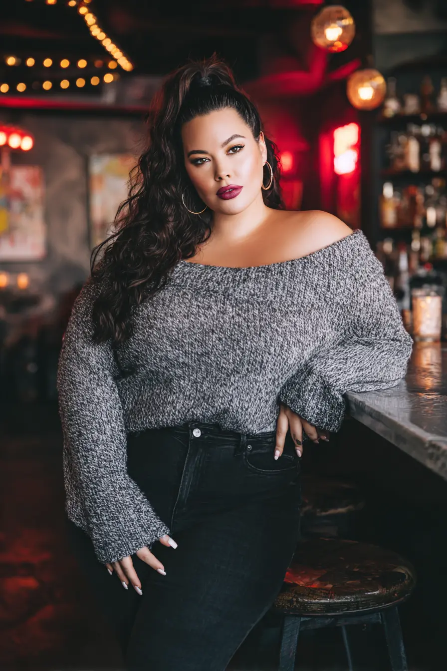 Off-Shoulder Knit with Dark Denim