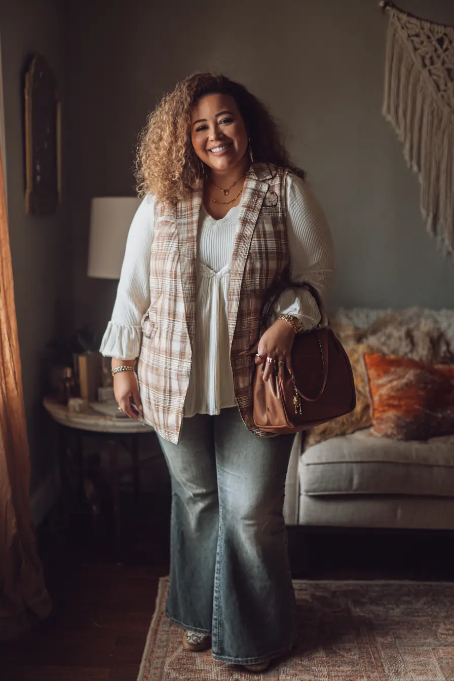 Flannel Vest with Long Sleeve Top and Bootcut Jeans