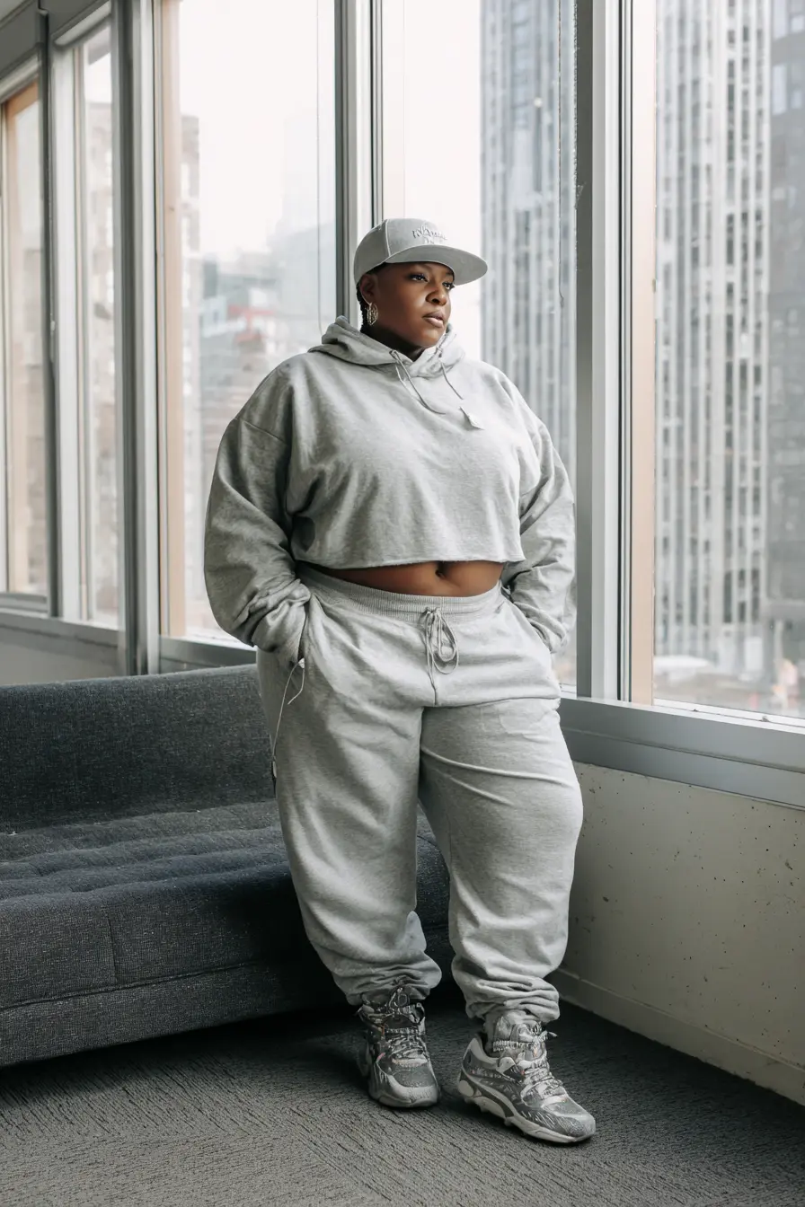 Cropped Hoodie with Jogger Set in Monochrome Gray