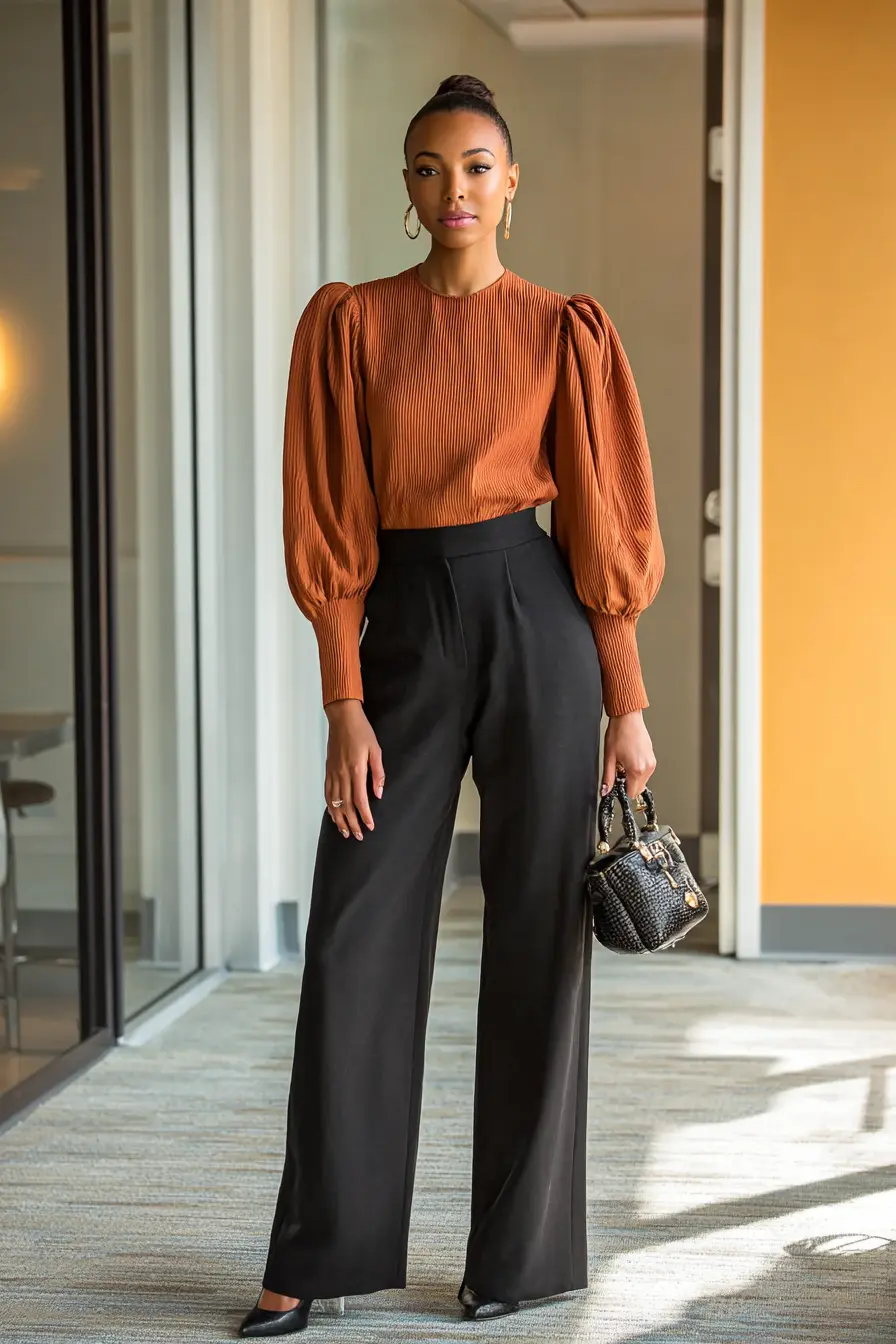 Rust Orange Blouse with Wide-Leg Black Trousers