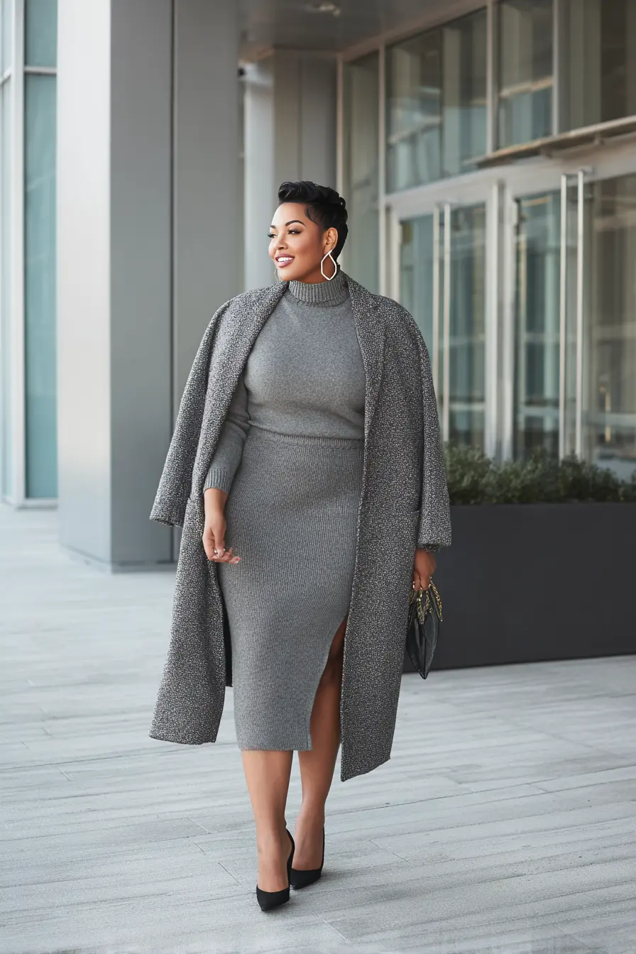 Plus Size Slate Gray Wool Blend Wedding Guest Dress