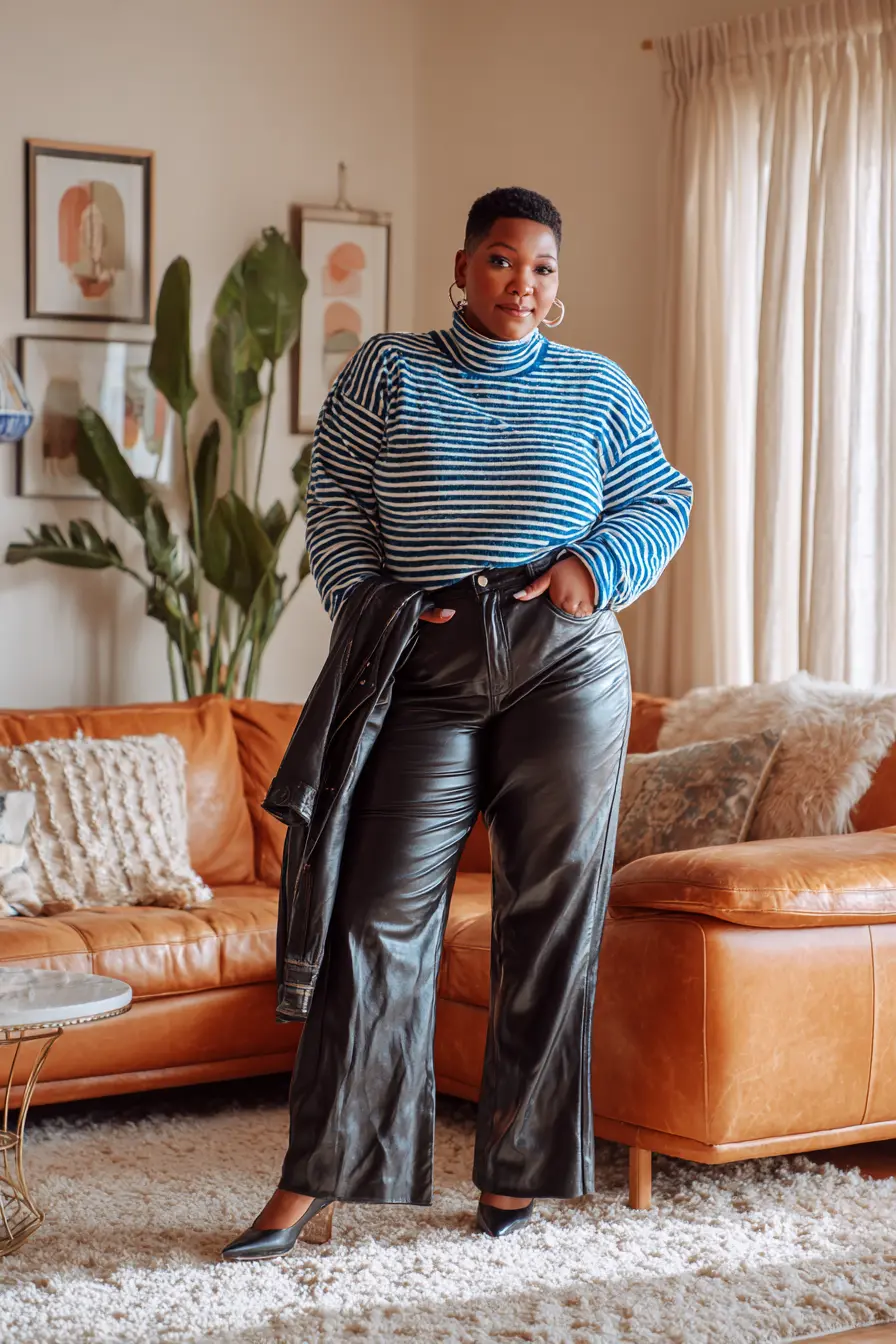 Striped Turtleneck with Coated Flare Jeans and Black Heels